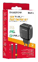 Сетевые зарядные устройства  Комплект BOROFONE BA46A CЗУ Type-C/USB + кабель Type-C to lightning, PD18W, 3A EU штекер