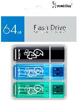 Носители информации   Комплект 3 шт USB 2.0 накопителей Smartbuy 064 ГБ серия Glossy Чёрный+Синий+Зелёный