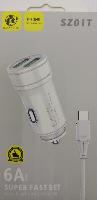 Автомобильные зарядные устройства  Комплект АЗУ SASATHREE SZ01T 2USB 6A + кабель Type-C
