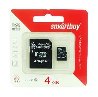 Флешки и карты памяти  04 Карта памяти micro SD 4 Gb SmartBuy  Class 10  (с адаптером SD)  