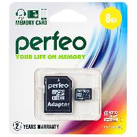 Флешки и карты памяти  07  Карта памяти micro SD 8 Gb Perfeo  Class 10  (с адаптером SD)  
