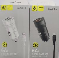 Автомобильные зарядные устройства  Комплект АЗУ SASATHREE SZ01L 2USB 6A + кабель Lightning